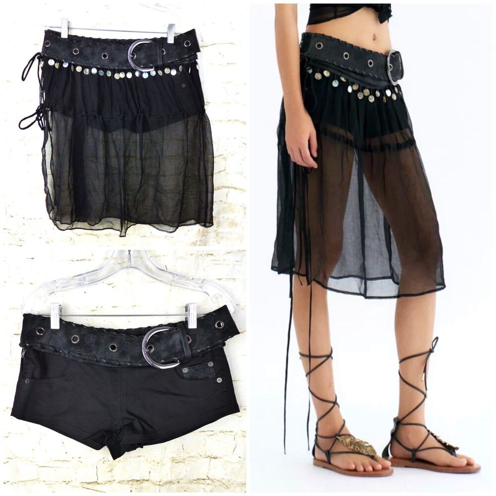 Flowers Birds Market Moonlit Veil Sheer Skort Womens L Black Coin Trim Goth Y2K
